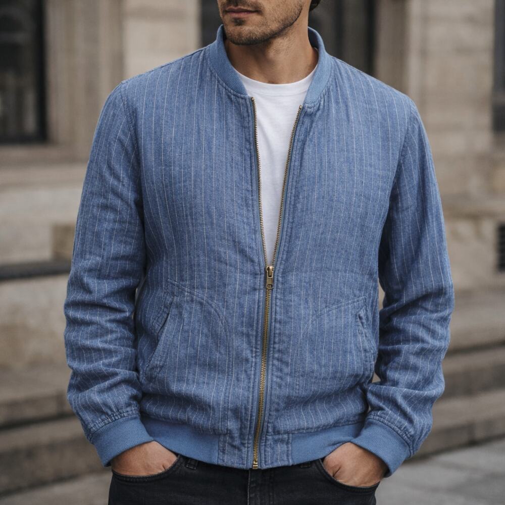 Urban Research Men's SZ 40 M Linen Full Zip Light Jacket in Blue W/Pinstripe